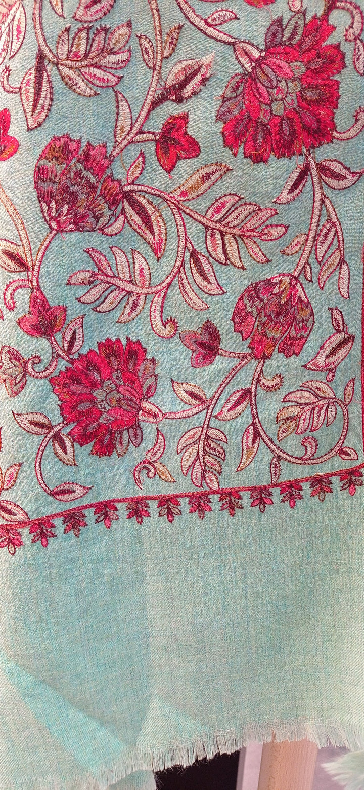 Nina Mint Cashmere Shawl With Floral Embroidery|House Of Inaayat