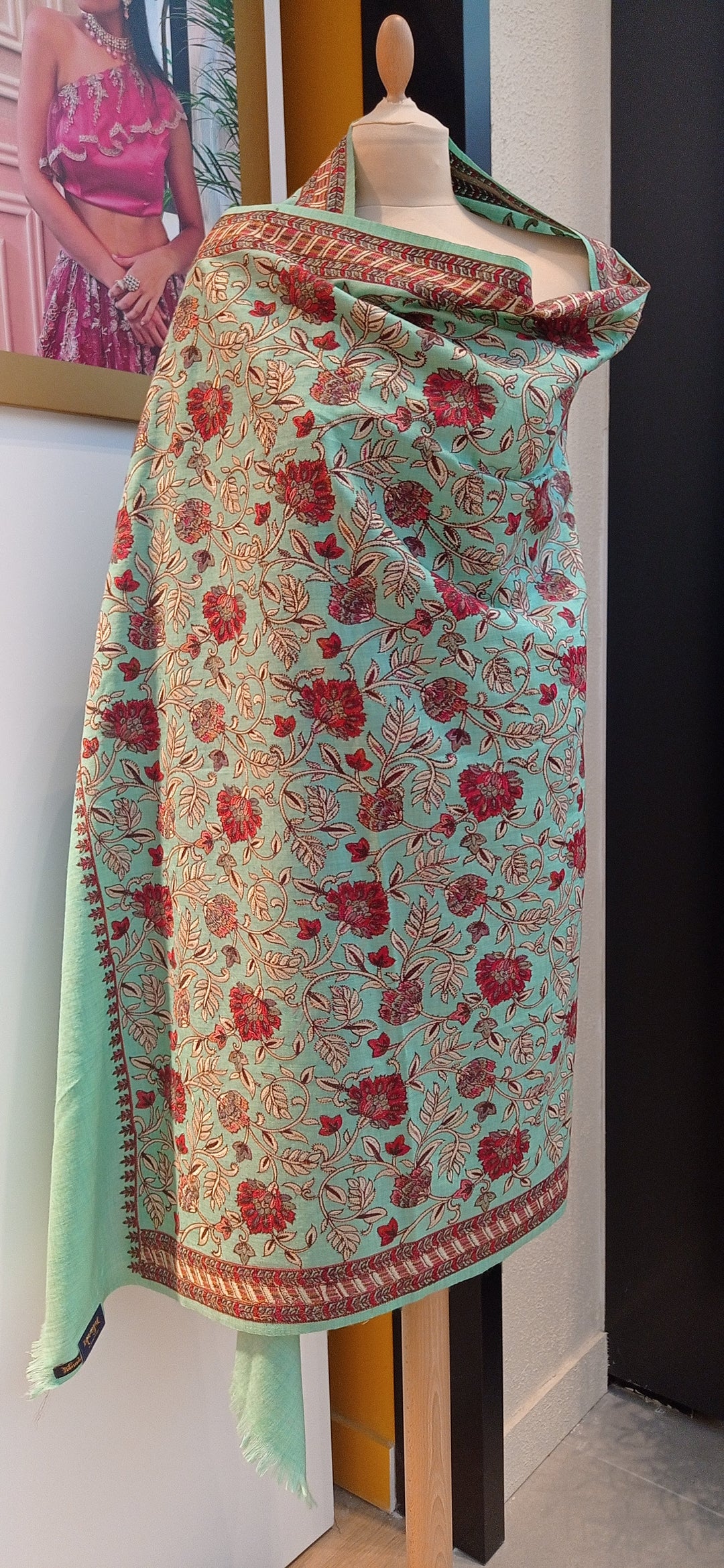 Nina Mint Cashmere Shawl With Floral Embroidery|House Of Inaayat