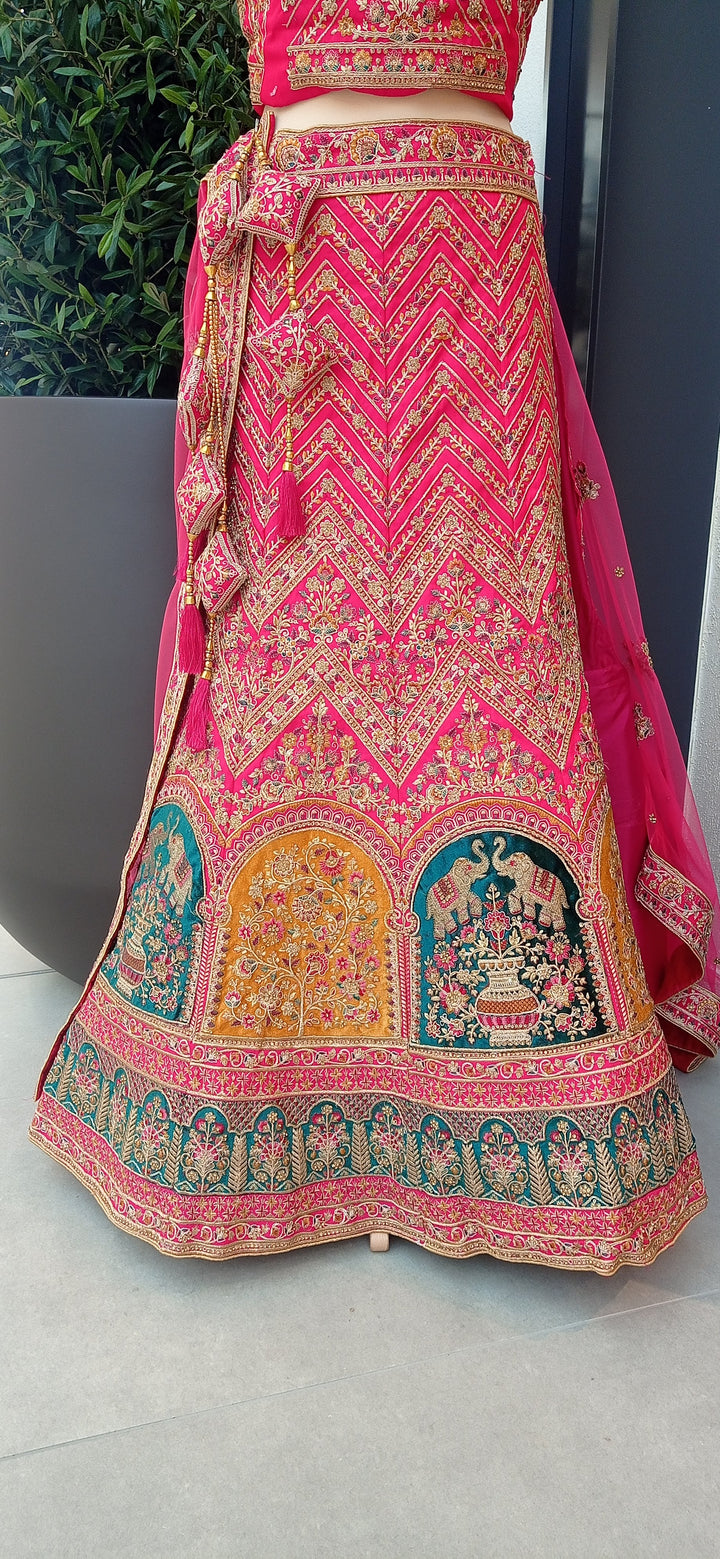 Shagun Bridal Rani Pink and Gold Royal Mughal Motifs Lehenga (Unstitched) | Inaayat by Divya Taimni