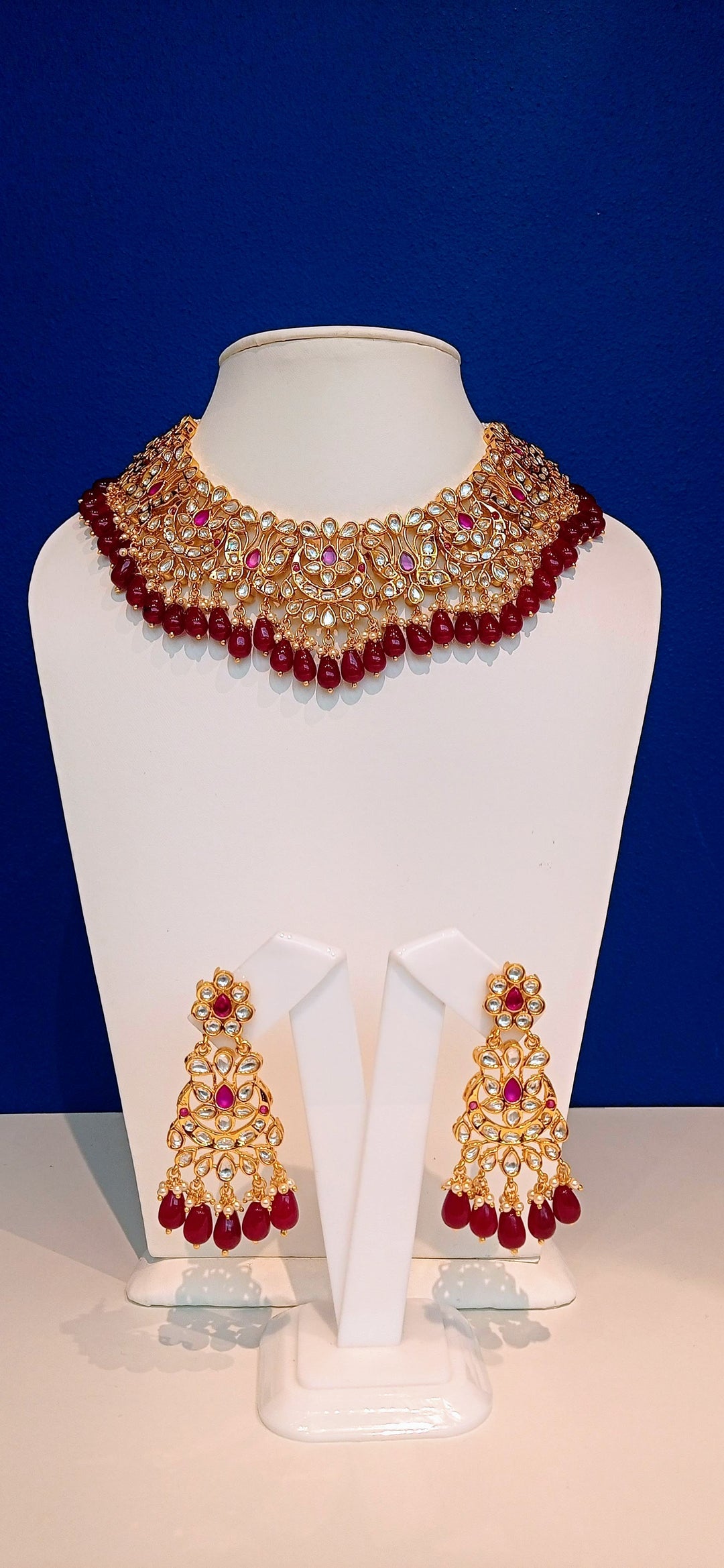 Meghna Floral Gold Kundan Polki Diamond and Ruby Necklace and Earrings Destination Jewelry Set