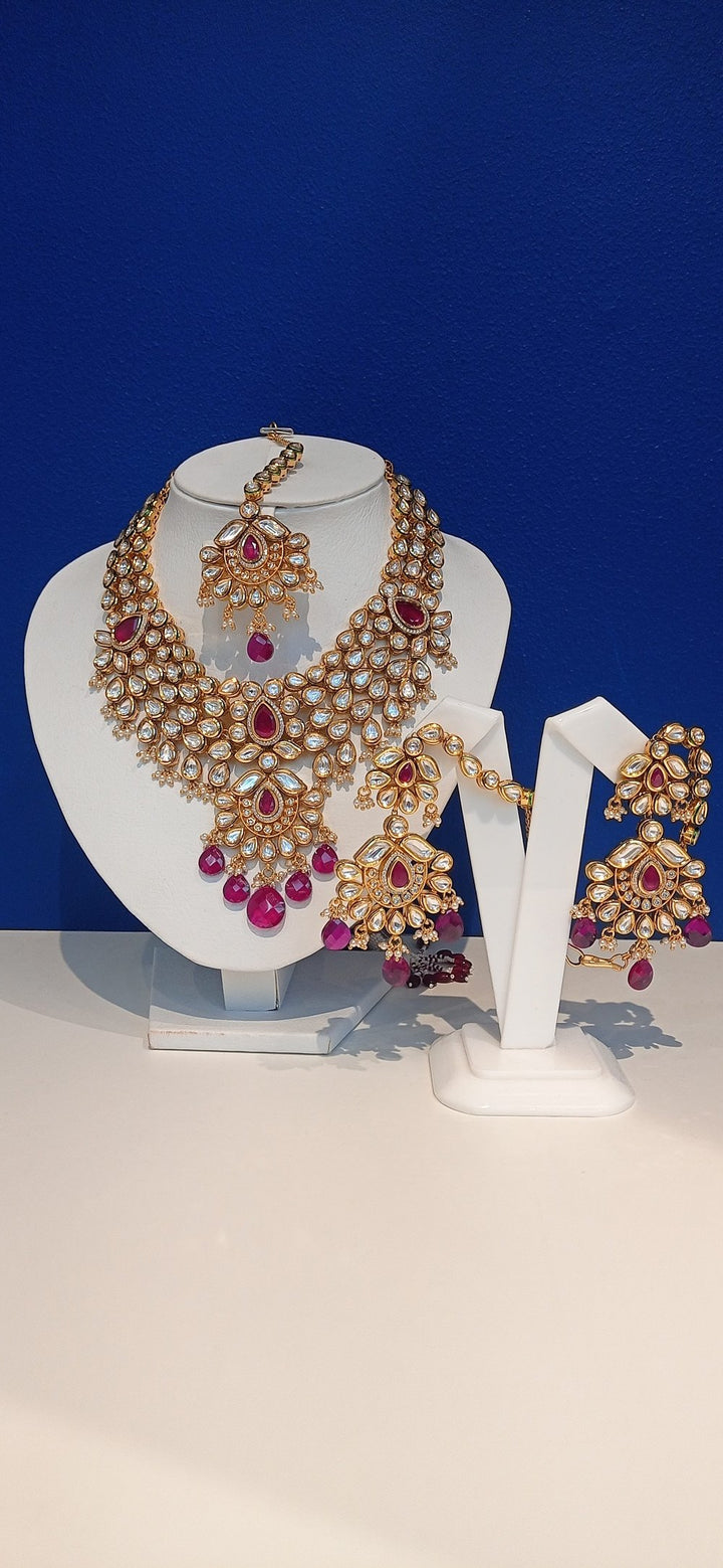 Radha Ruby and Polki Diamond Bridal Kundan Earrings, Kanras, Necklace and Maang Teeka Jewellery Set|Inaayat by Divya Taimni