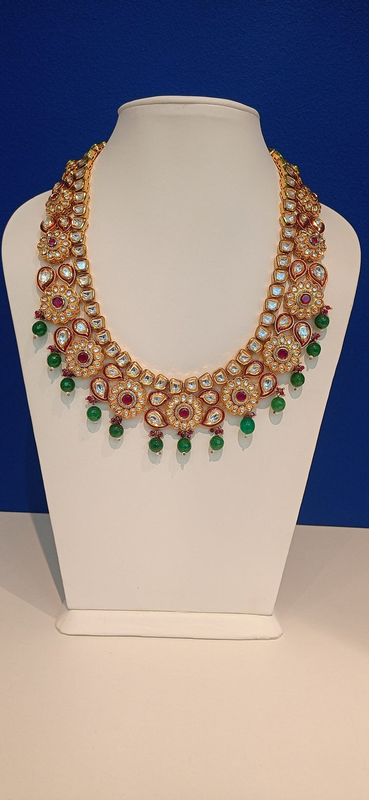 Misha Red, Gold and Green Floral Kundan Necklace