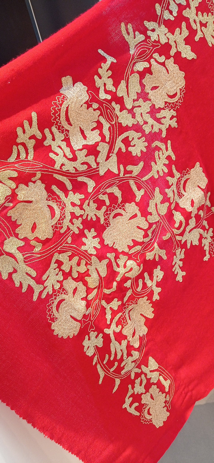 Kareena Red Cashmere Stole with Floral Baadla Embroidery