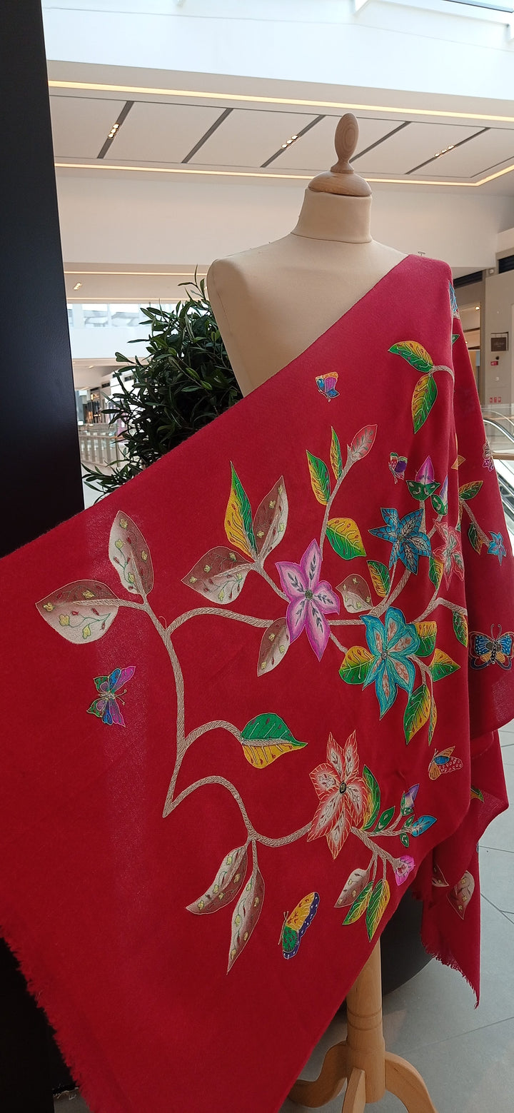Shipra Red Floral Kalamkari Pashmina Scarf | House of Inaayat