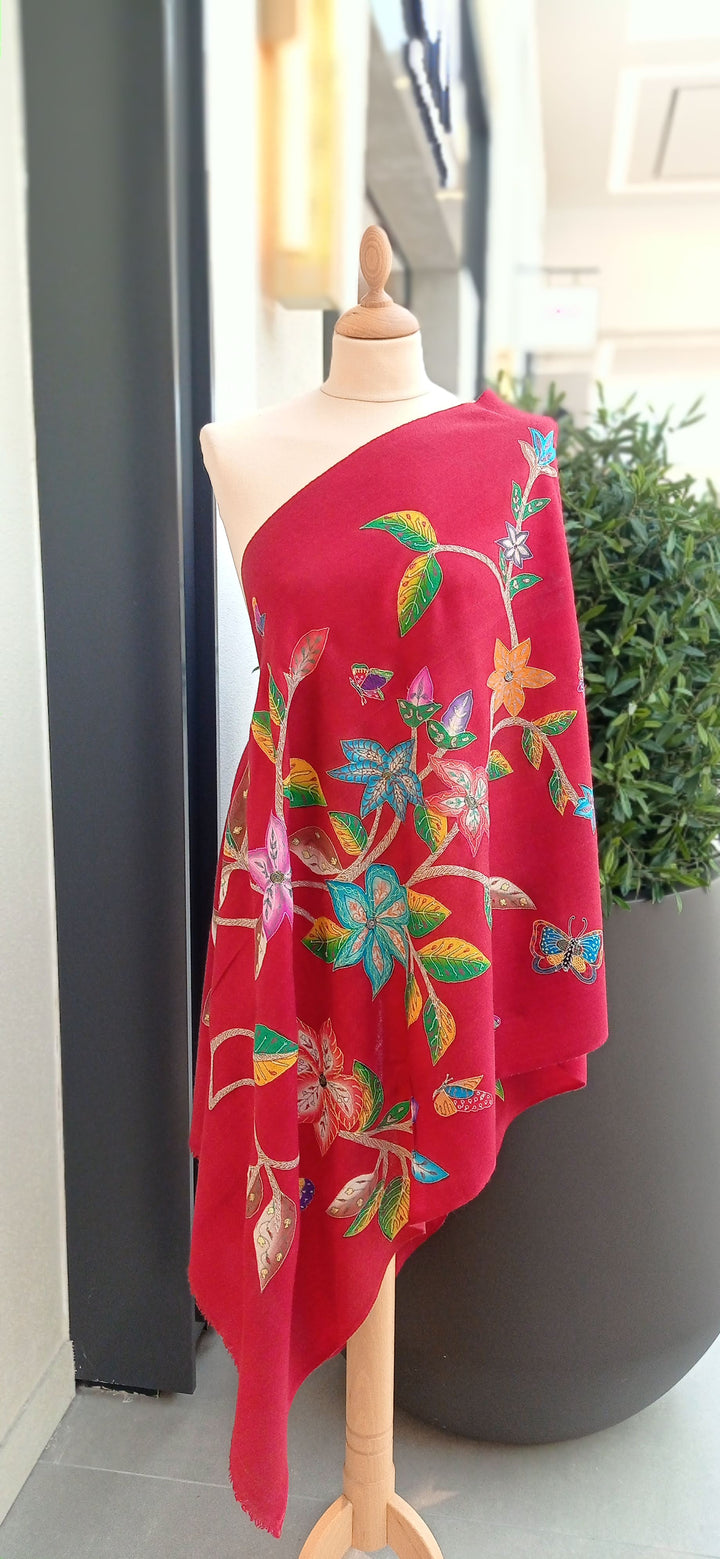 Shipra Red Floral Kalamkari Pashmina Scarf | House of Inaayat