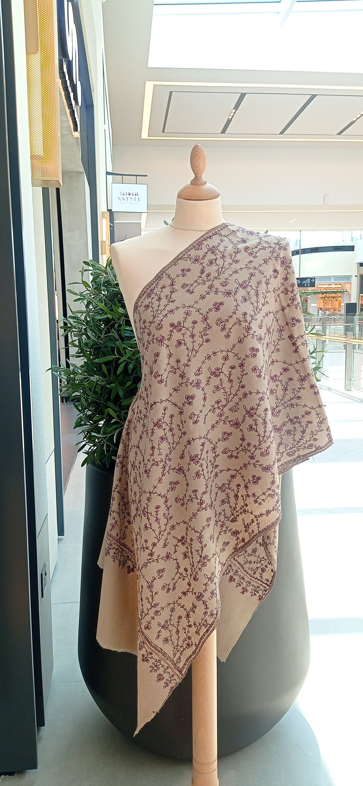 Ishrat Natural Beige Embroidered Pashmina Scarf | House of Inaayat