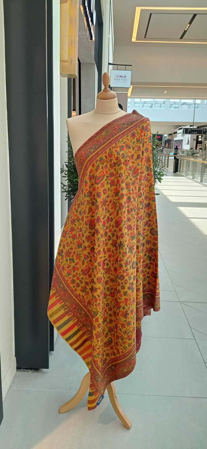 Bhoomi Yellow Kashmiri Kani Cashmere Shawl with Paisley and Floral Designs |House Of Inaayat