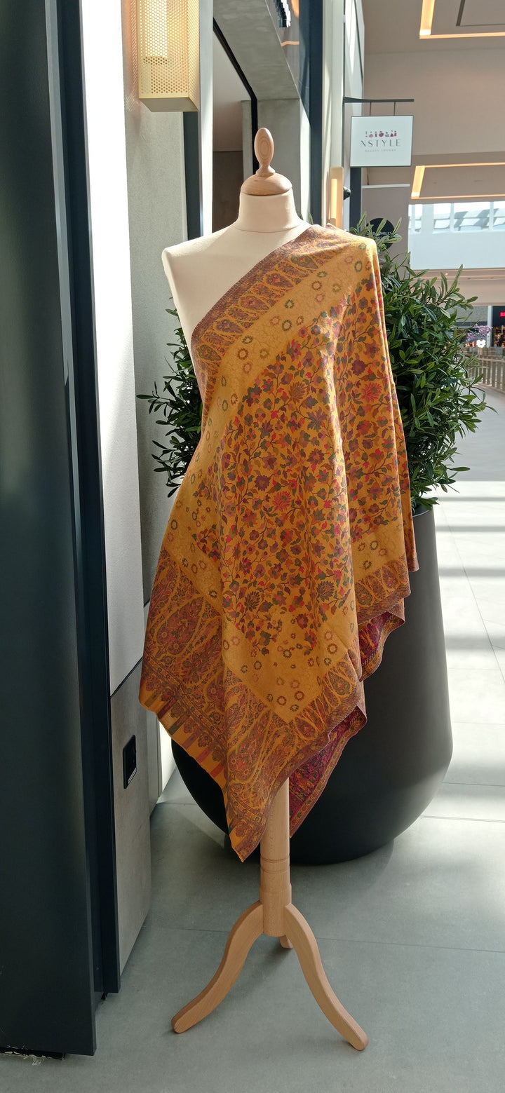 Bhoomi Yellow Kashmiri Kani Cashmere Scar with Subtle Gold Zari Weaving and a Paisley Border|House Of Inaayat