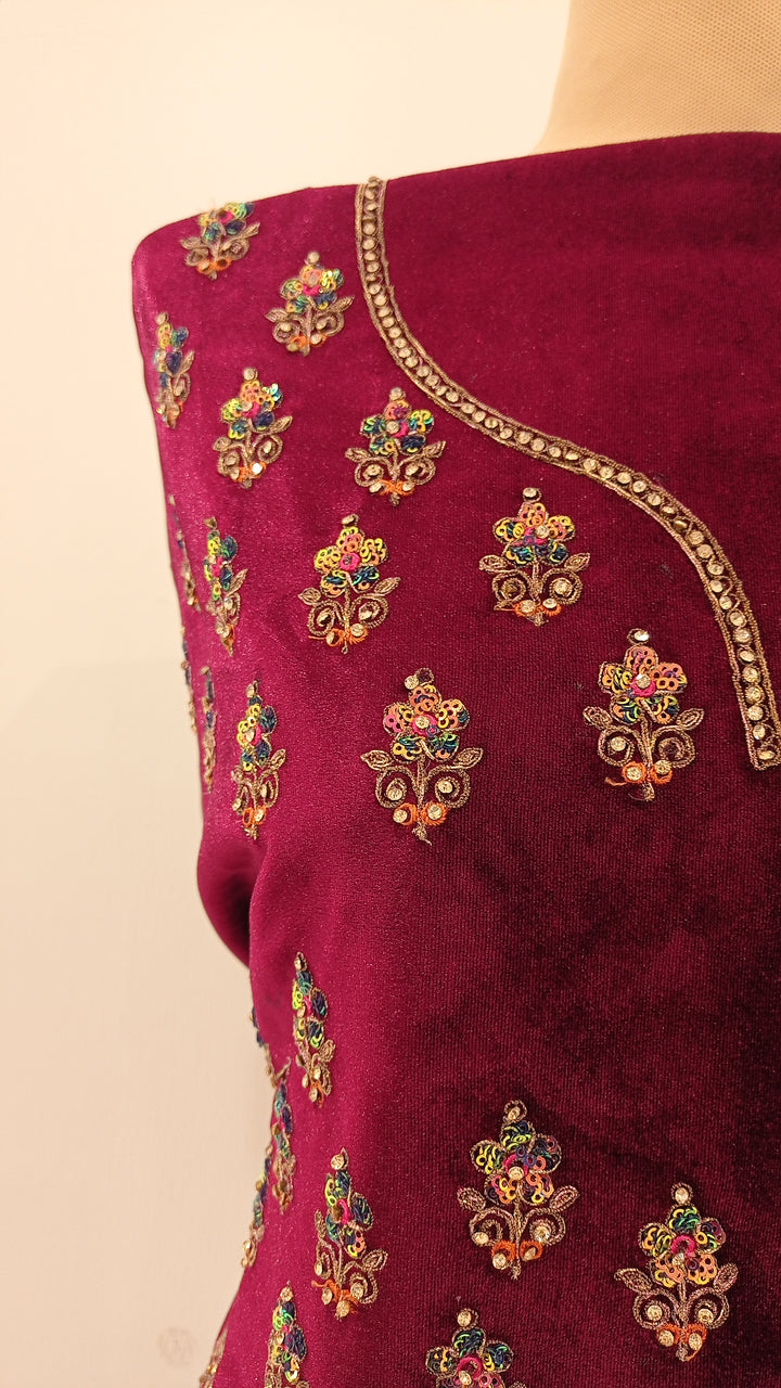 Shagun Wine and Gold Velvet Net Lehenga (Unstitched) | Inaayat by Divya Taimni