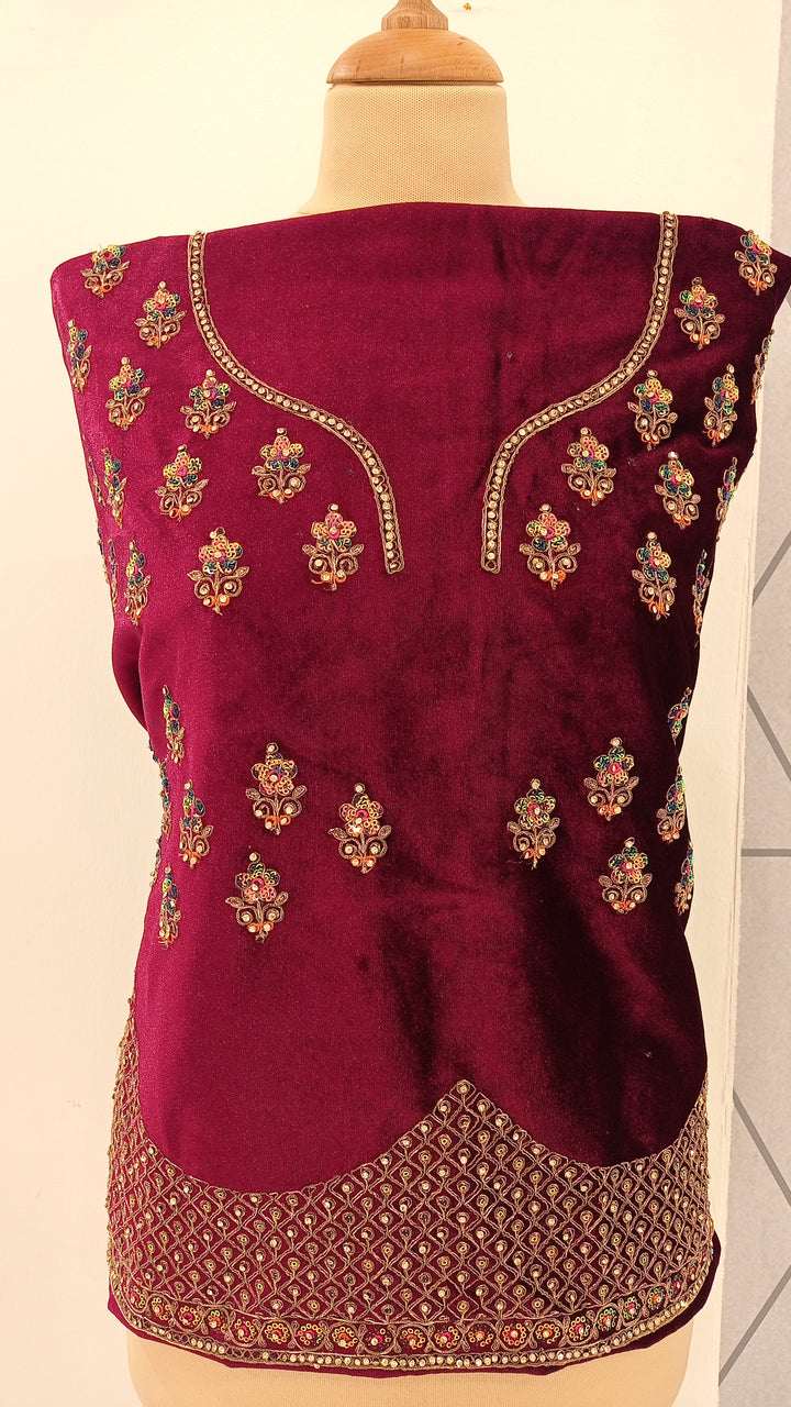 Shagun Wine and Gold Velvet Net Lehenga (Unstitched) | Inaayat by Divya Taimni