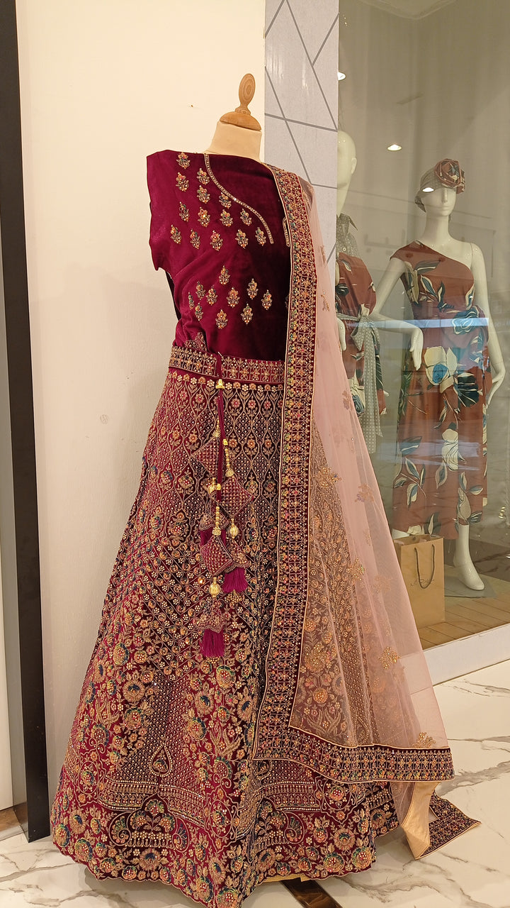 Shagun Wine and Gold Velvet Net Lehenga (Unstitched) | Inaayat by Divya Taimni