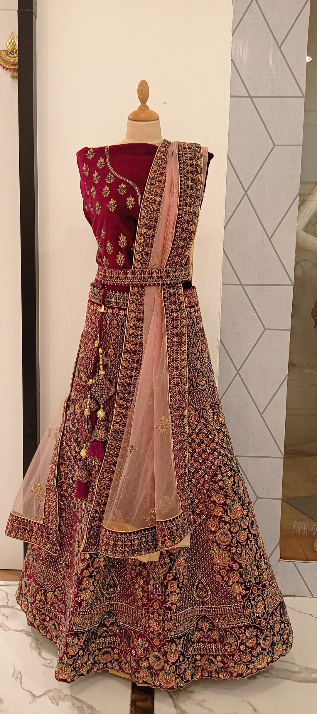Shagun Wine and Gold Velvet Net Lehenga (Unstitched) | Inaayat by Divya Taimni