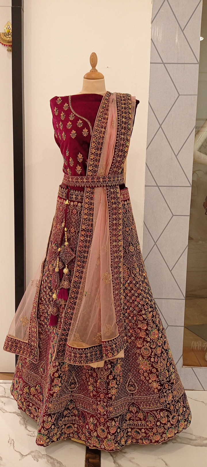 Shagun Wine and Gold Velvet Net Lehenga (Unstitched) | Inaayat by Divya Taimni
