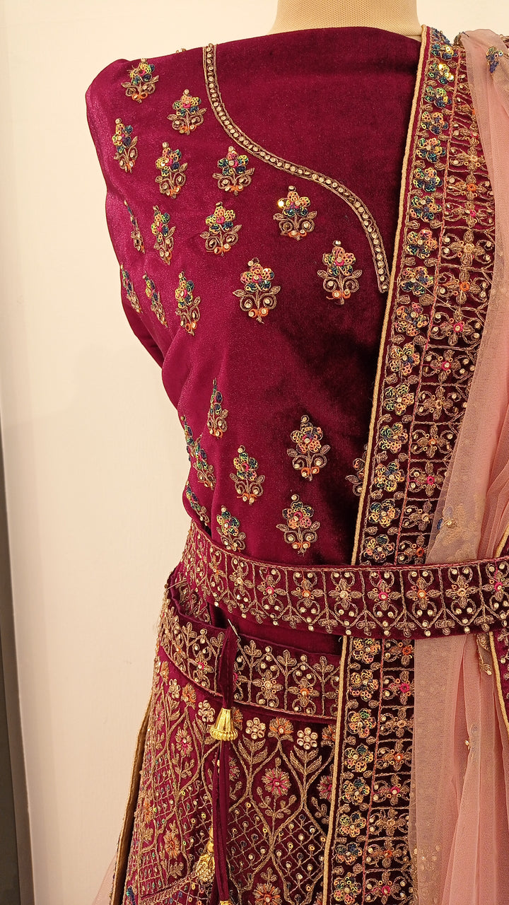 Shagun Wine and Gold Velvet Net Lehenga (Unstitched) | Inaayat by Divya Taimni