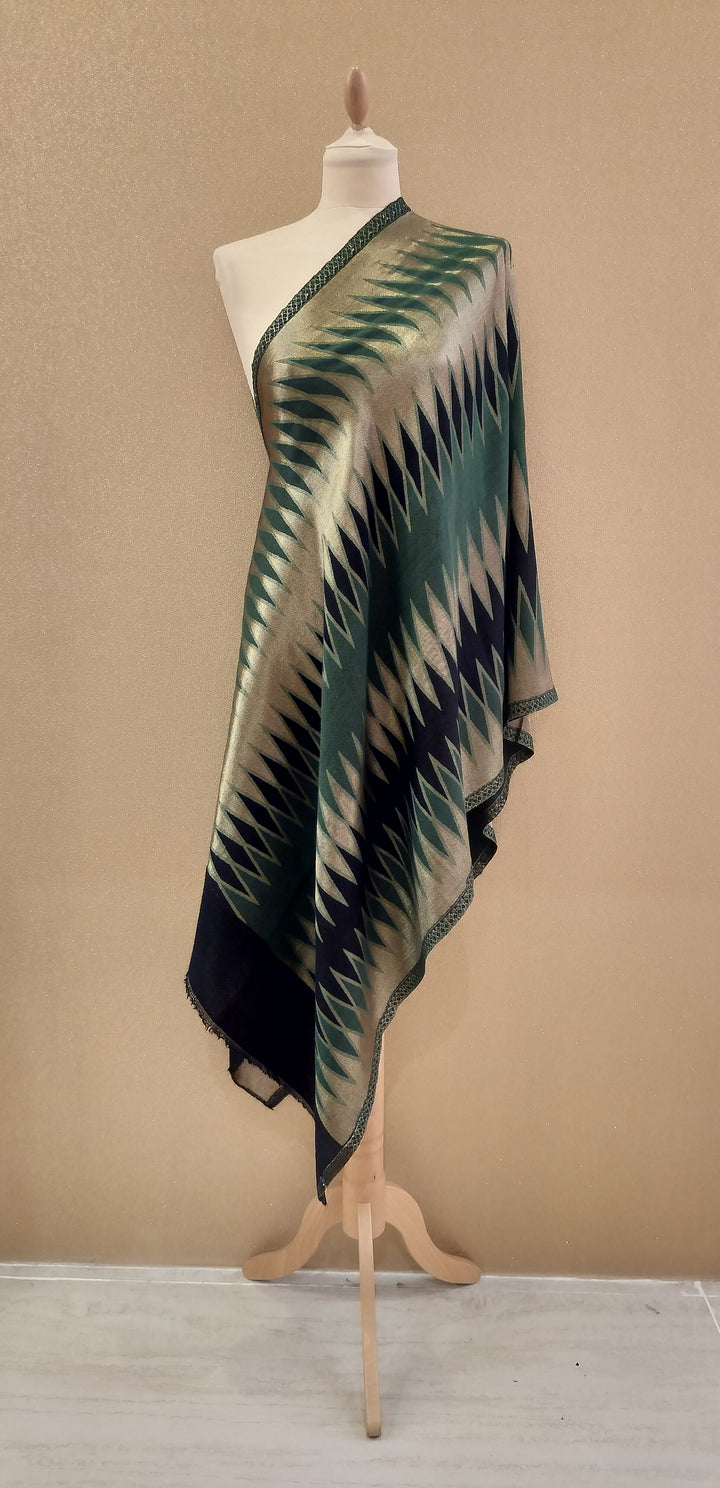 Emerald Gold Reversable Zari Ikat Scarf |House of Inaayat
