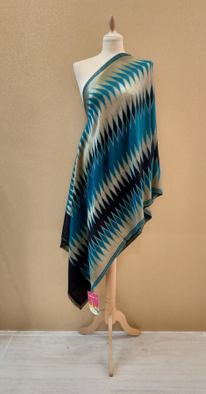 Imperial Teal Ikat Reversable Zari Scarf |House of Inaayat
