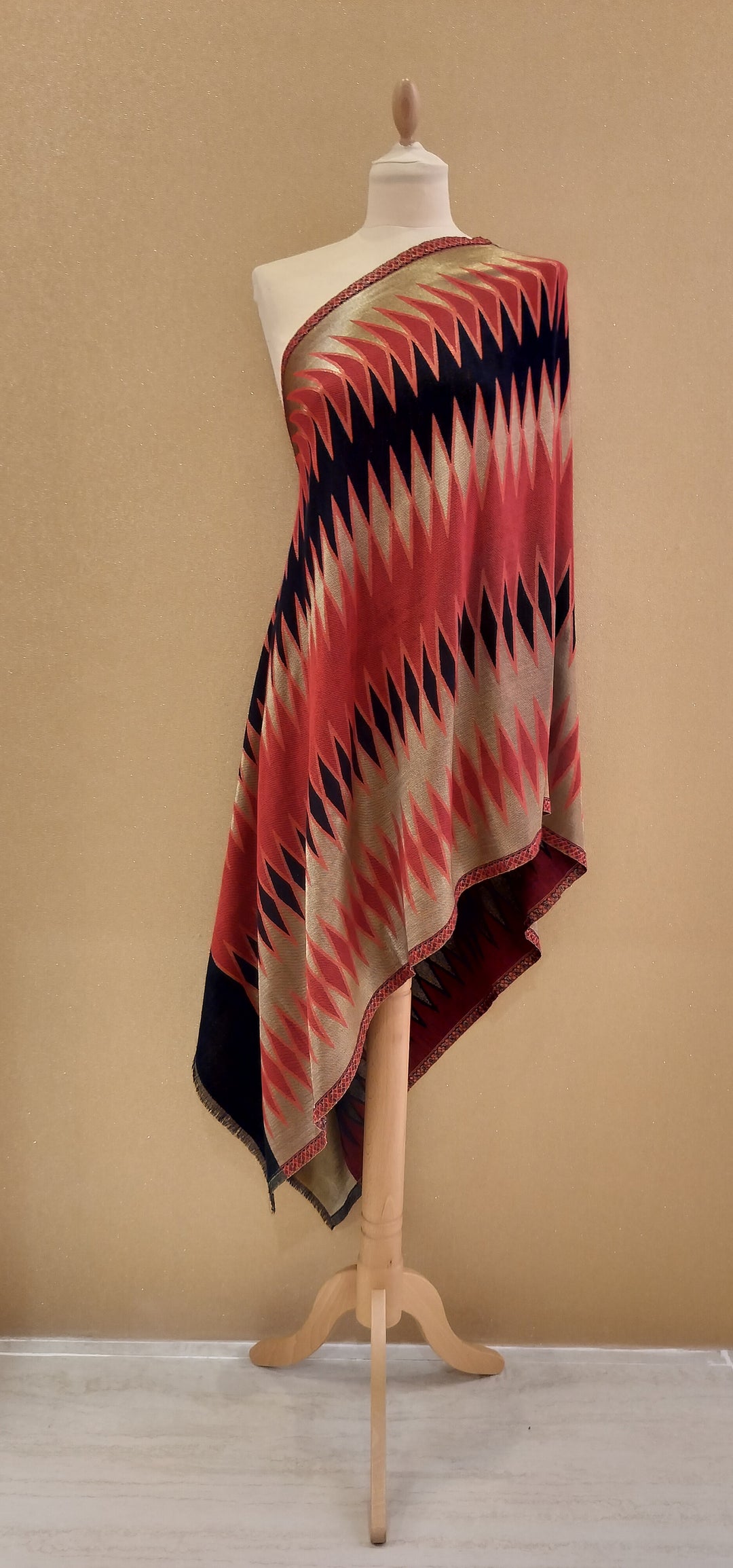 Scarlet and GoldReversable Zari Ikat Scarf |House of Inaayat