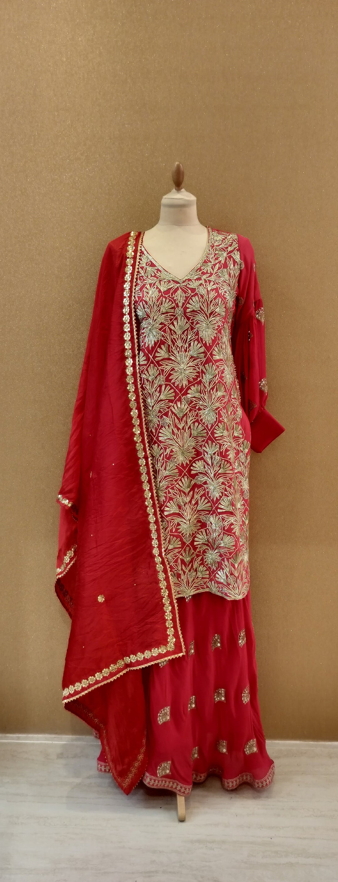 Crimson Gold Embroidered Sharara Set|Kuwarani Ritu