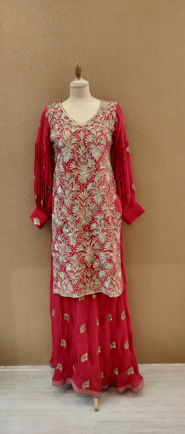 Crimson Gold Embroidered Sharara Set|Kuwarani Ritu
