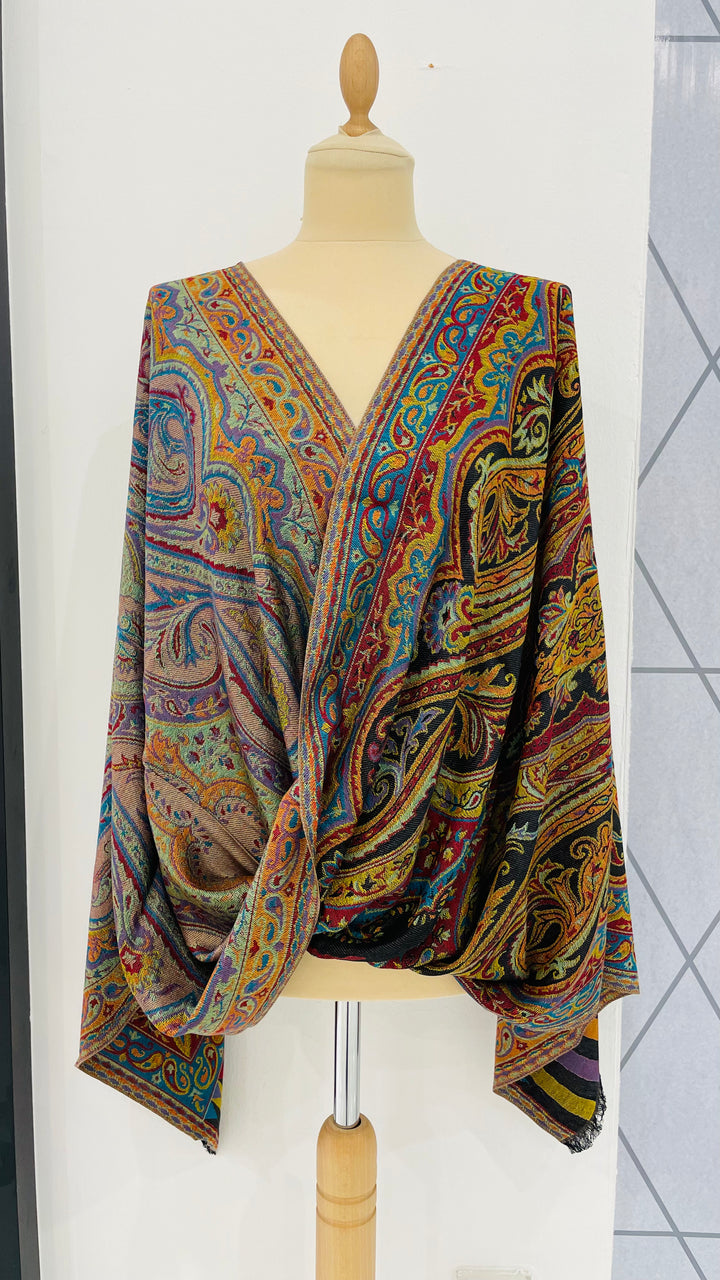 Janvi Black and Yellow  Kashmiri Kani Floral Design Cashmere Scarf