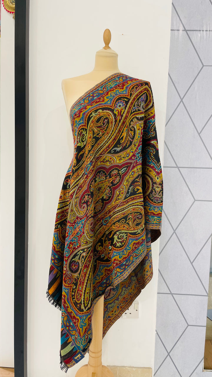 Janvi Black and Yellow  Kashmiri Kani Floral Design Cashmere Scarf