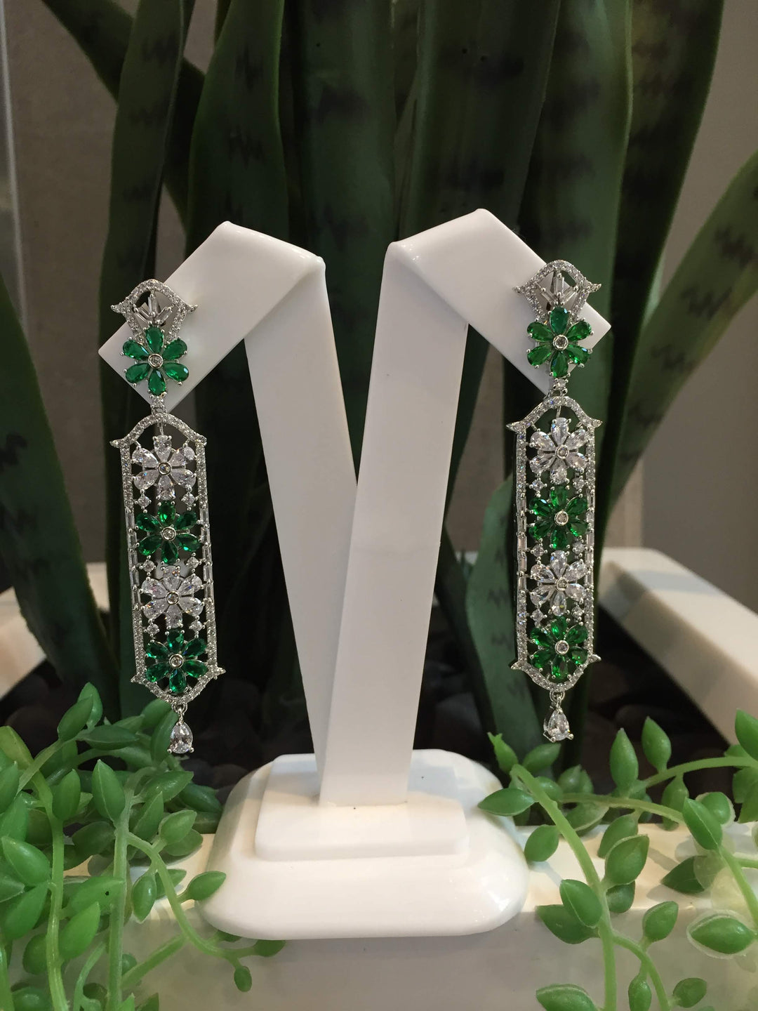 Rosina Jewel Green and Silver Crystal Earrings|Inaayat by Divya Taimni