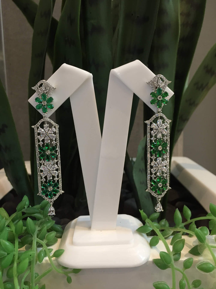 Rosina Jewel Green and Silver Crystal Earrings|Inaayat by Divya Taimni