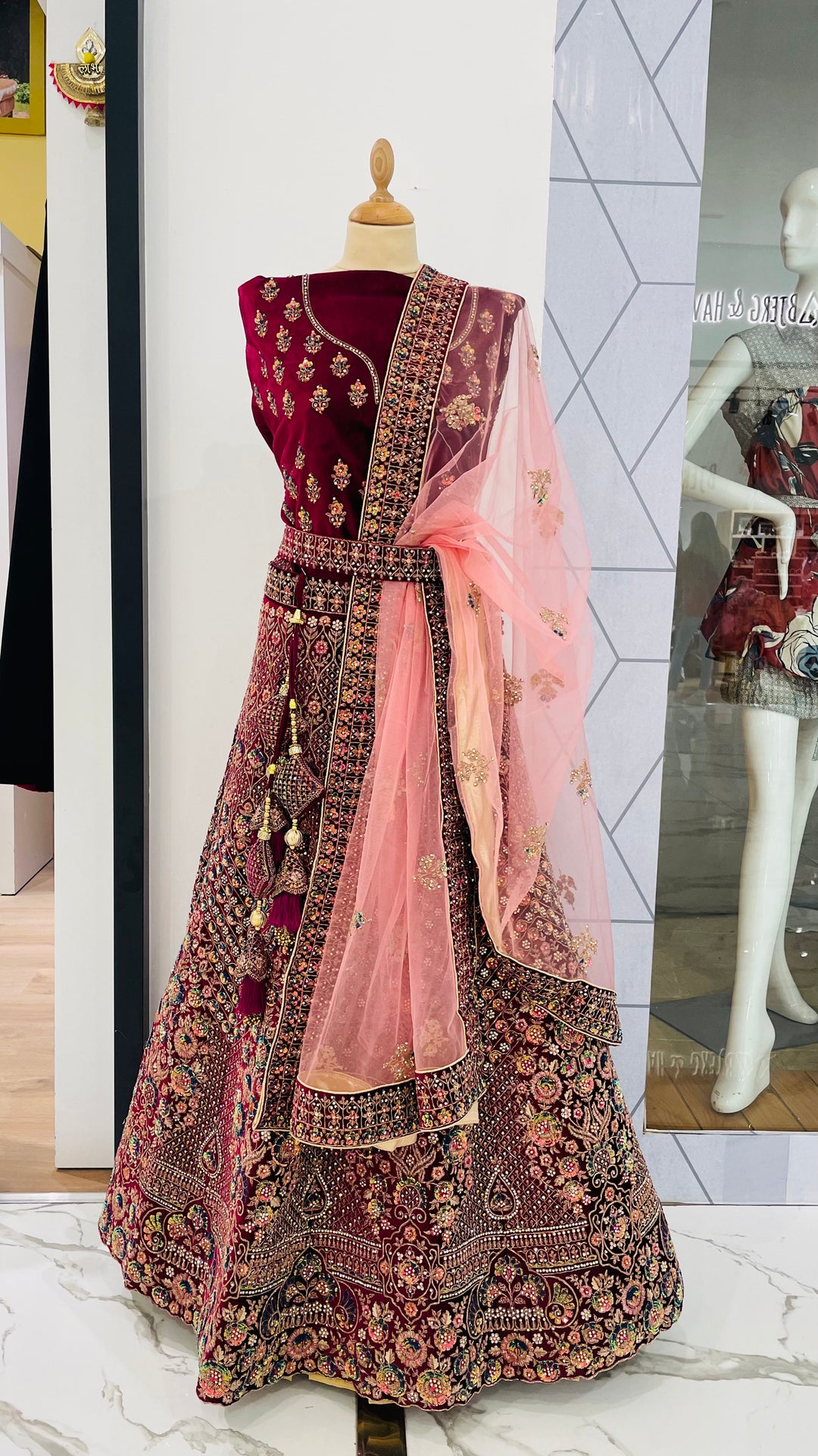 Shagun Wine and Gold Velvet Net Lehenga (Unstitched) | Inaayat by Divya Taimni