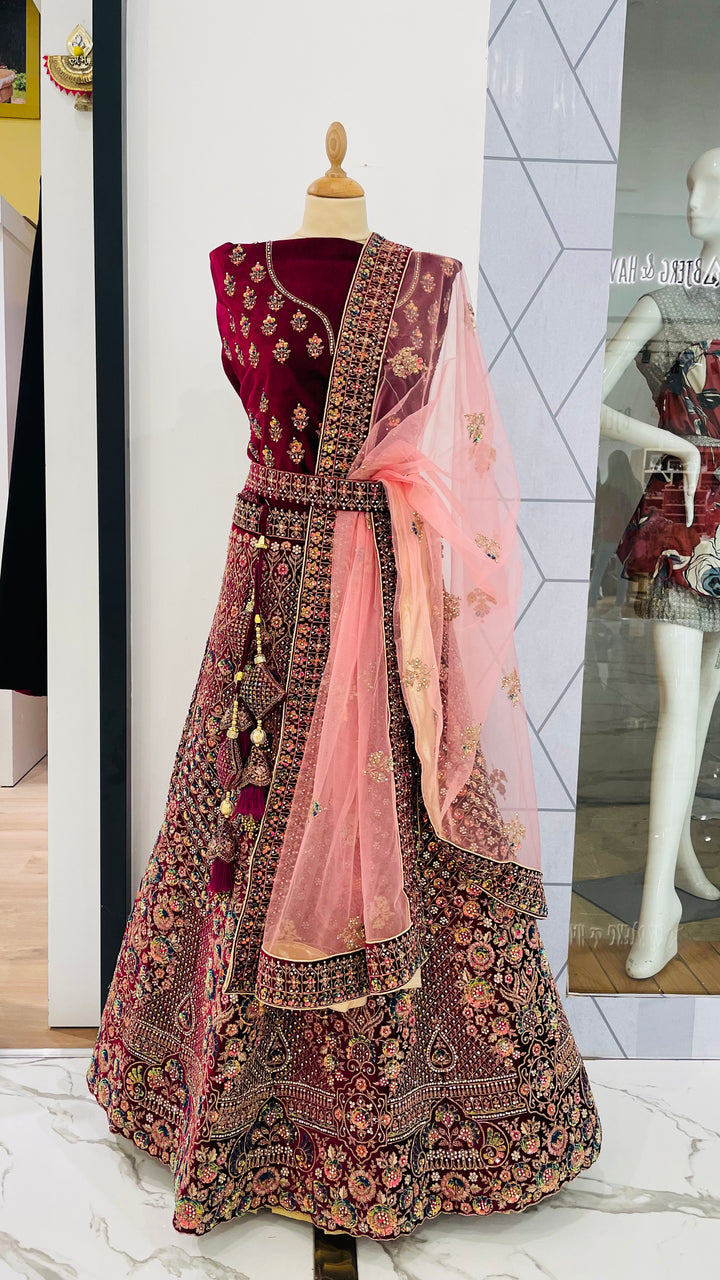 Shagun Wine and Gold Velvet Net Lehenga (Unstitched) | Inaayat by Divya Taimni