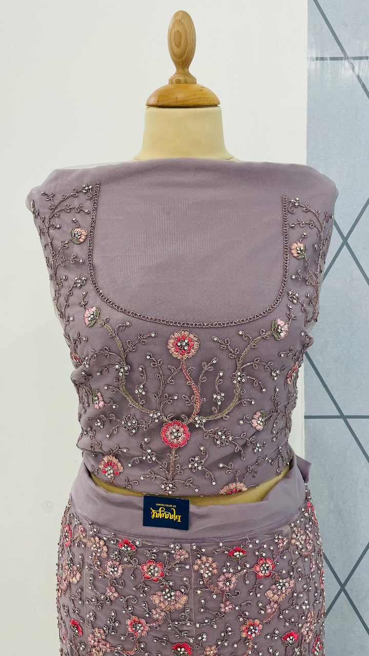 Shagun Lilac, Pink and Silver Net Lehenga (Unstitched) | House of Inaayat