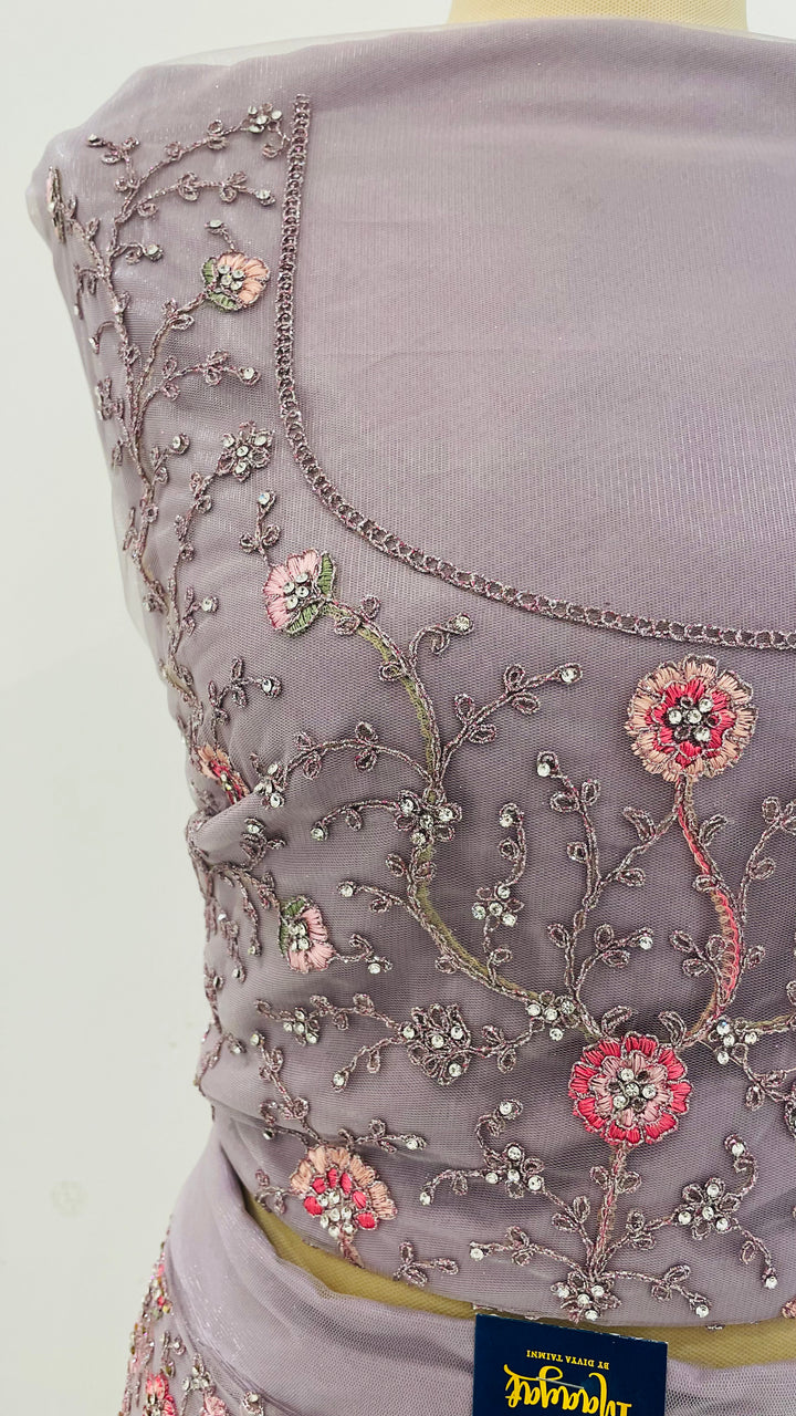 Shagun Lilac, Pink and Silver Net Lehenga (Unstitched) | House of Inaayat