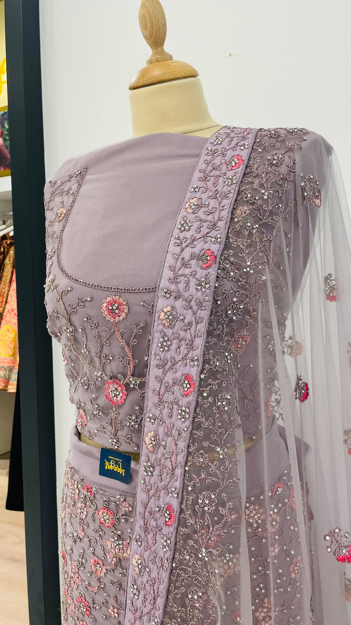 Shagun Lilac, Pink and Silver Net Lehenga (Unstitched) | House of Inaayat