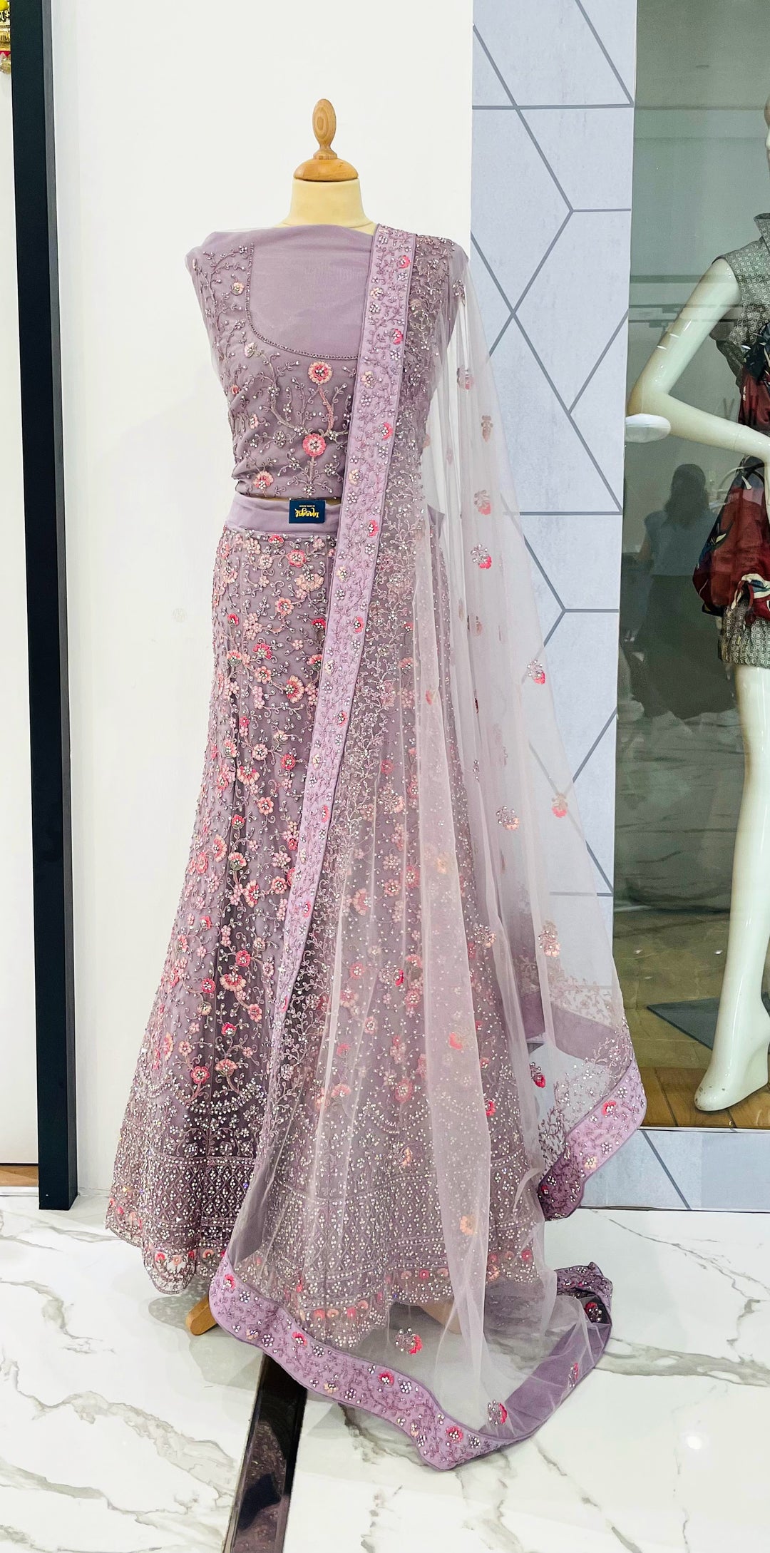 Shagun Lilac, Pink and Silver Net Lehenga (Unstitched) | House of Inaayat