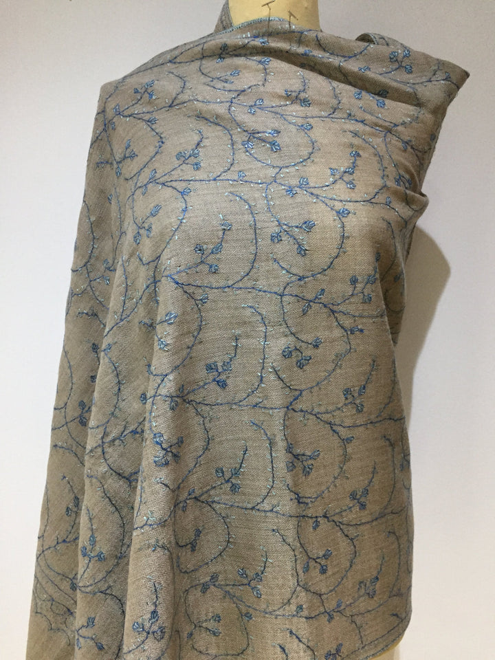 Ishrat Natural Grey Embroidered Pashmina Stole | House of Inaayat