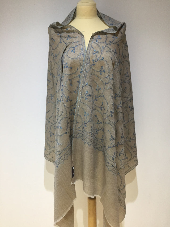 Ishrat Natural Grey Embroidered Pashmina Stole | House of Inaayat