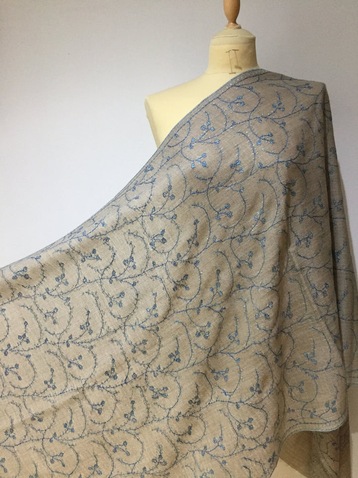 Ishrat Natural Grey Embroidered Pashmina Stole | House of Inaayat