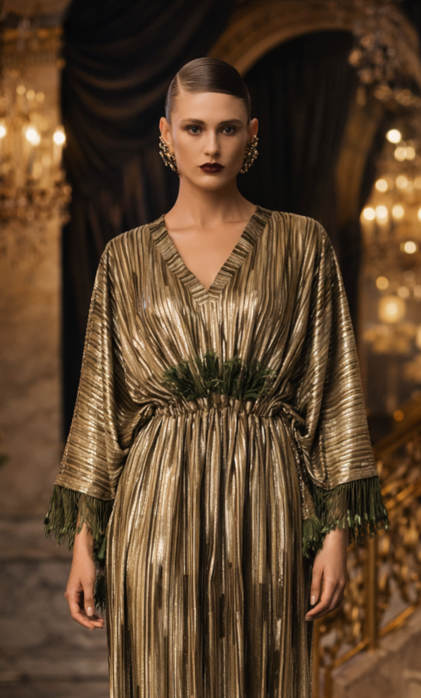 Metallic Green Pleated Evening Dress | Pria Kataria Puri