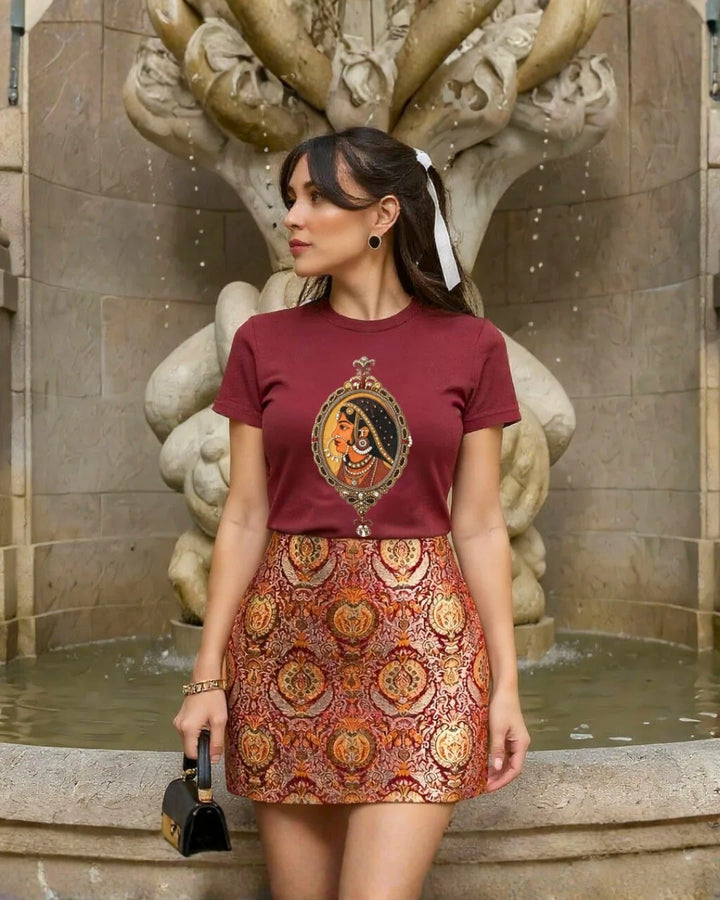 Maroon Embroidered Padmini Miniature Designer T-Shirt | Duchess Kumari