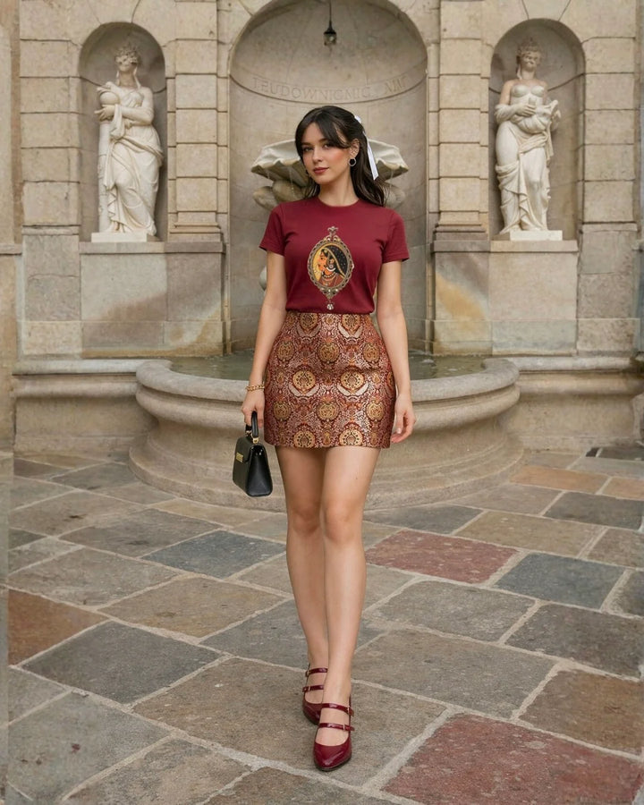 Maroon Embroidered Padmini Miniature Designer T-Shirt | Duchess Kumari