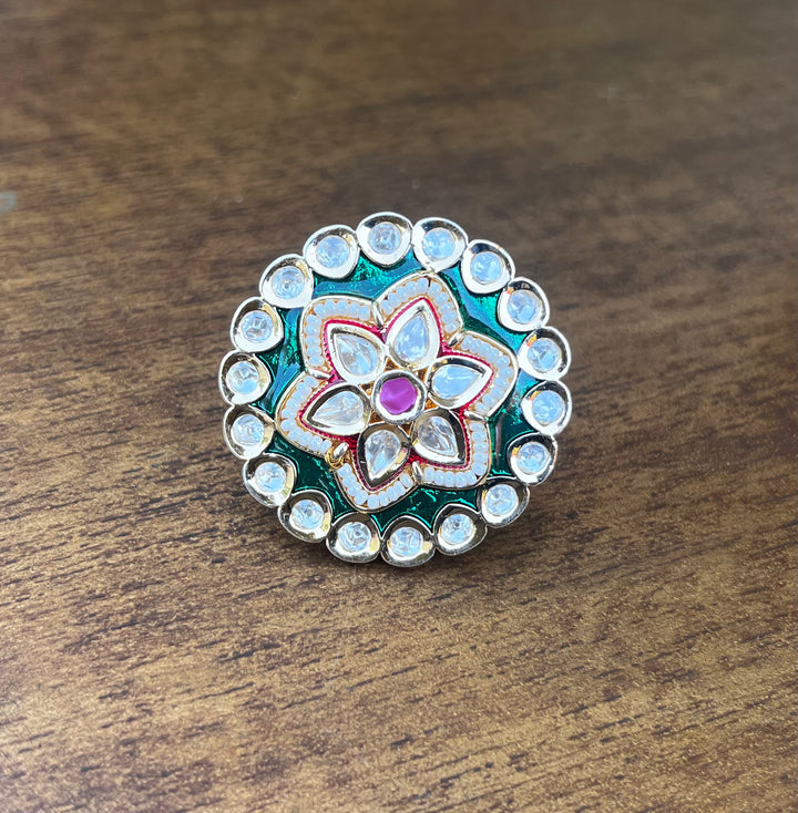 Red With Pearl Meenakari Adajustable Ring |Inaayat by Divya Taimni