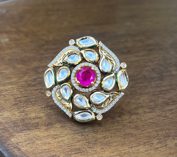 Kundan Adjustable Ring with a Ruby Red Center Stone |Inaayat by Divya Taimni