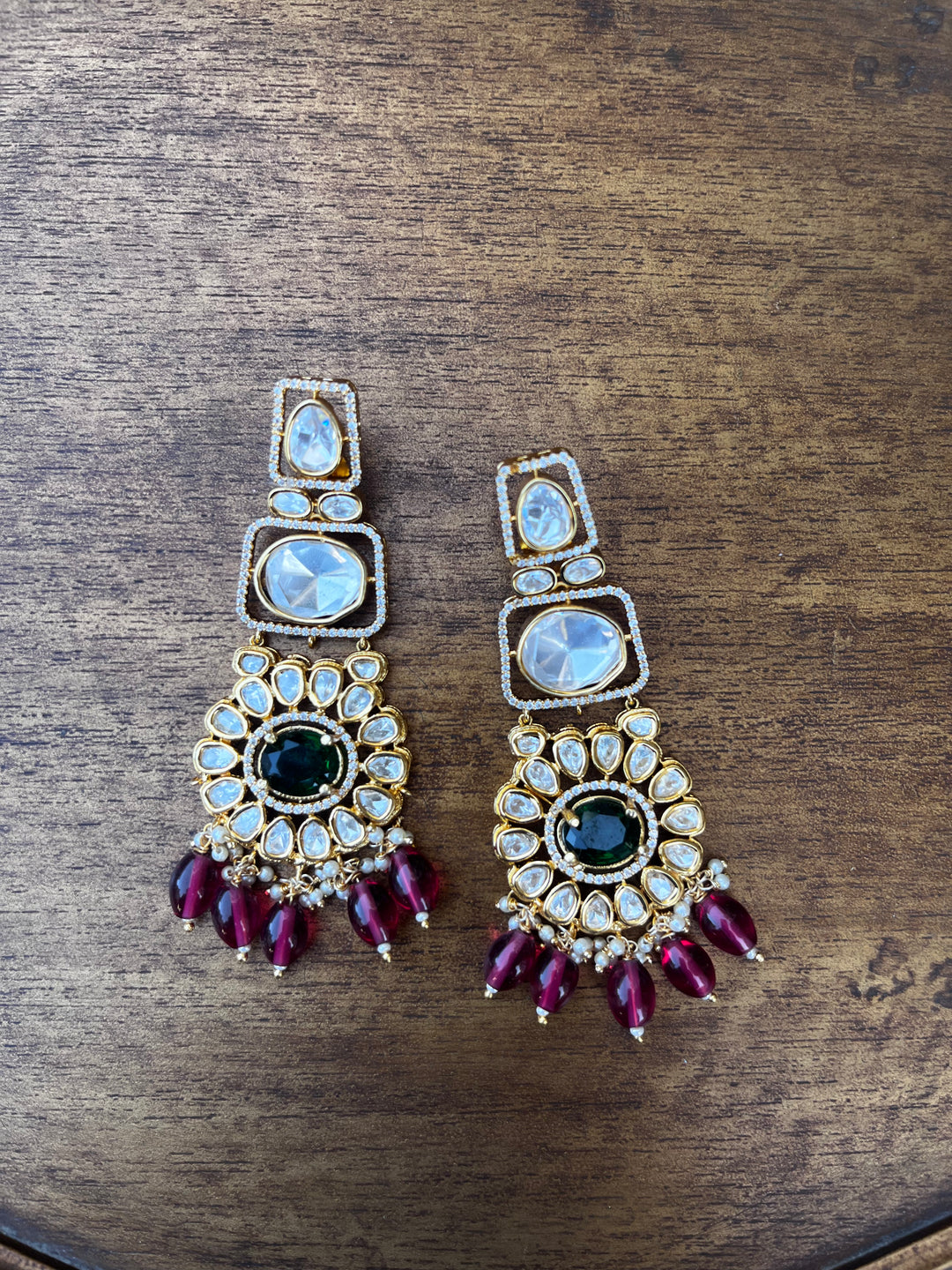 Polki With Green in the Center with Red Drops Earring