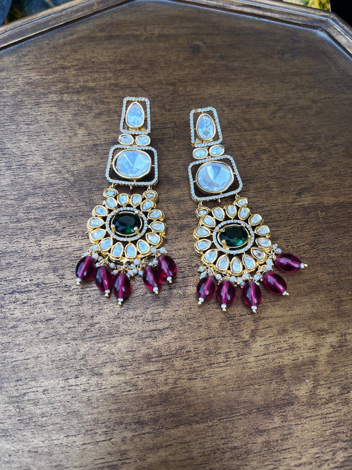 Polki With Green in the Center with Red Drops Earring