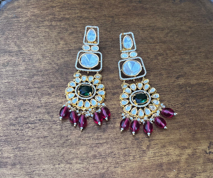 Polki With Green in the Center with Red Drops Earring