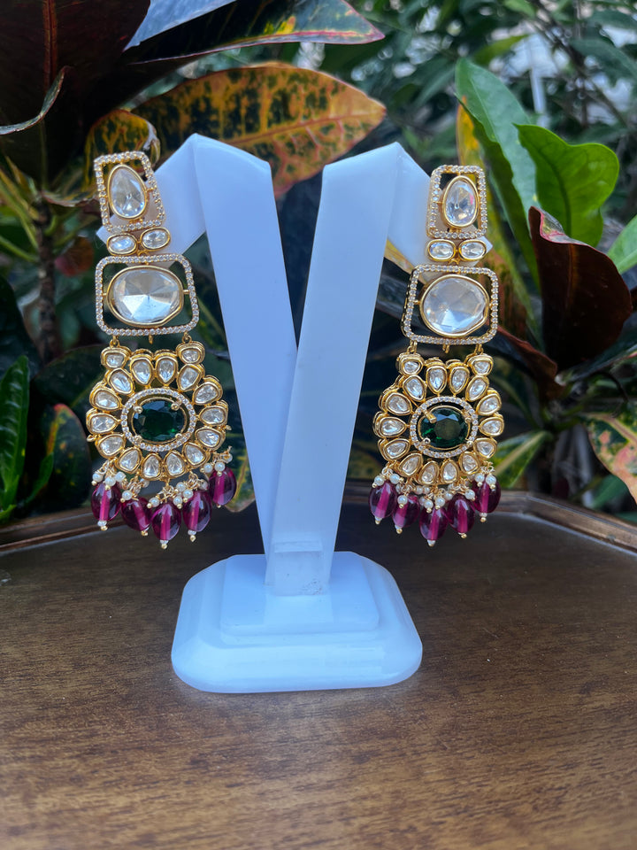 Polki With Green in the Center with Red Drops Earring
