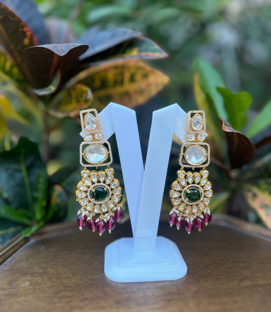 Polki With Green in the Center with Red Drops Earring