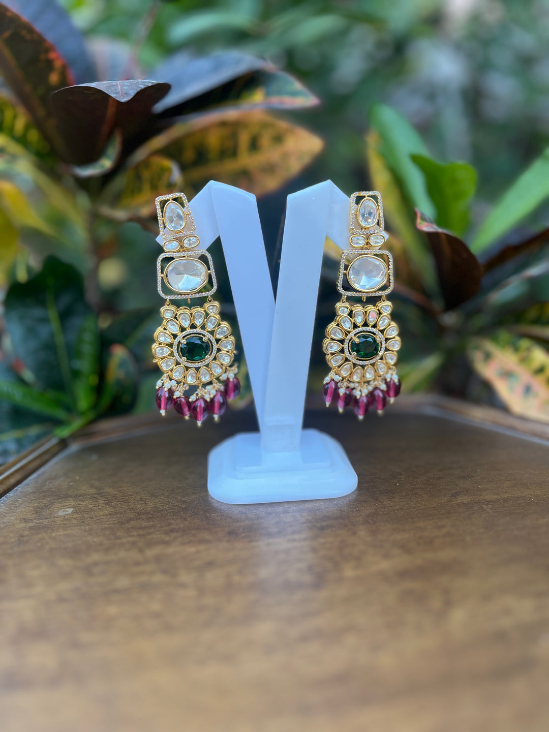 Polki With Green in the Center with Red Drops Earring