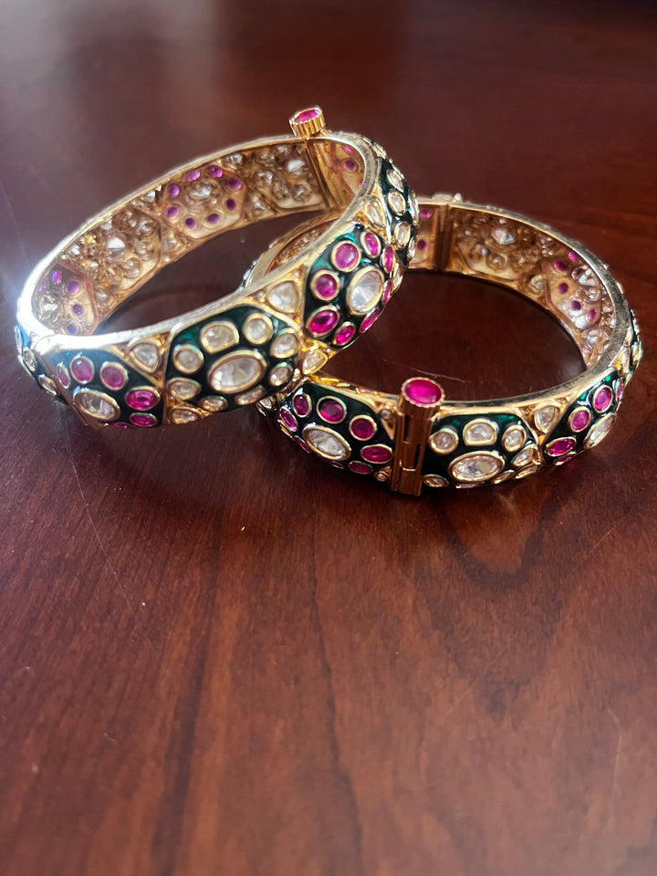 The Lorina "Pink and Green Flower Bracelet Set (Set of 2)| House of Inaayat