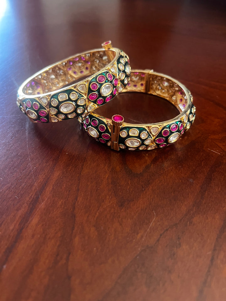 The Lorina "Pink and Green Flower Bracelet Set (Set of 2)| House of Inaayat
