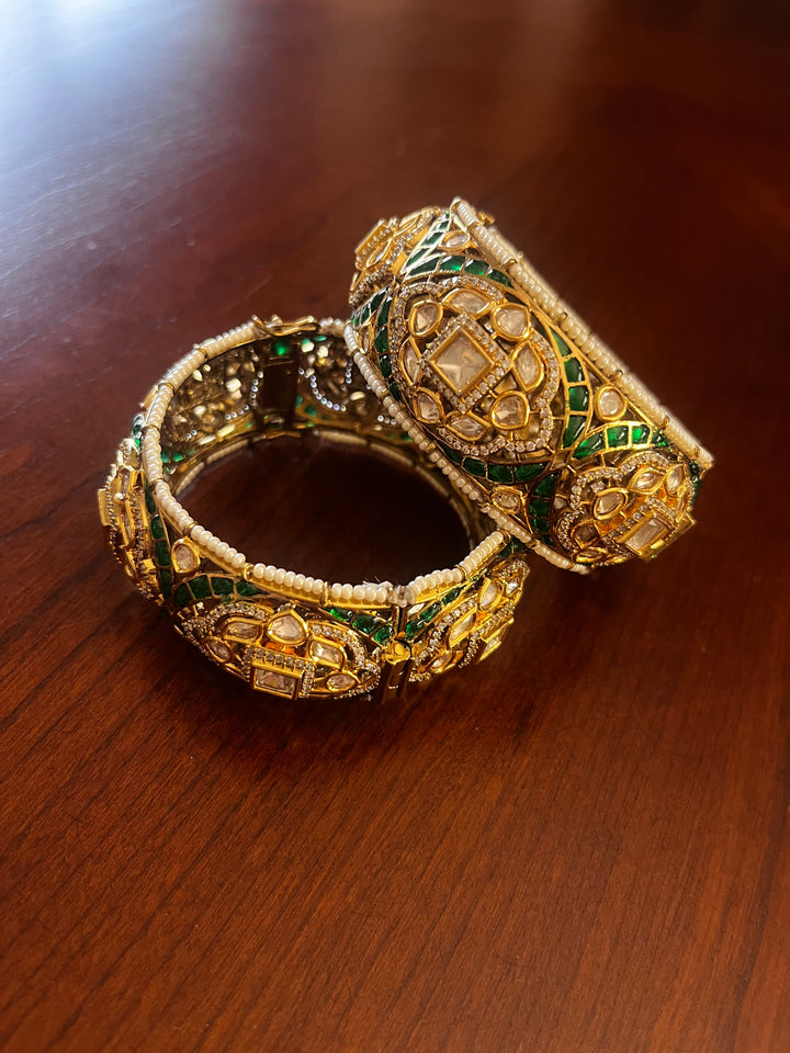 The Lorina "Golden with Emerald Green Wedding Flower Bracelet Set (Set of 2)|Inaayat by Divya Taimni